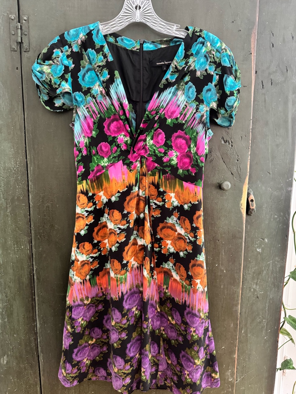 Nanette Lepore Silk Floral Twist V-Neck Mixed Print Boho Dress, Size 2